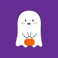 tekenfilm halloween kawaii geest met pompoen zak vector