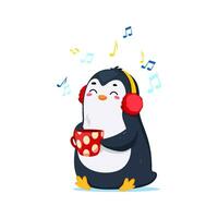 tekenfilm schattig grappig pinguïn karakter luistert muziek- vector