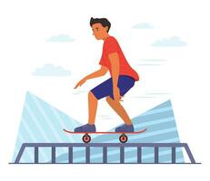 tiener jongen genieten met spelen skateboard vector