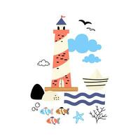 zee clip art. vector illustratie met zee elementen. vuurtoren, boot, vissen. illustraties voor kinderkamer decor, prints en posters