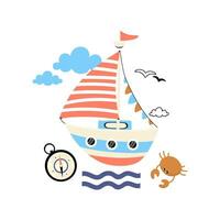 zee avonturen clip art. vector illustratie met zee elementen. boot, kompas en zee. illustraties voor kinderkamer decor, prints en posters