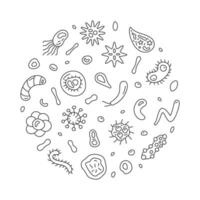 bacterie concept wetenschap ronde schets banier met microben tekens - vector illustratie