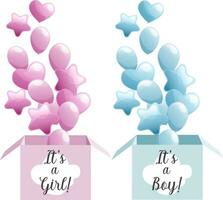blauw en roze dozen voor geslacht onthullen partij met jongen en meisje teksten en lucht ballonnen geïsoleerd vector