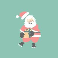 vrolijk Kerstmis en gelukkig nieuw jaar met schattig de kerstman claus vervelend vleet Holding Cadeau geschenk in de winter seizoen groen achtergrond, vlak vector illustratie tekenfilm karakter kostuum ontwerp