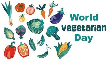 wereld vegetarisch dag. vector illustratie met verschillend groenten, kool, wortels, pepers, erwten, maïs, tomaten, artisjokken, uien