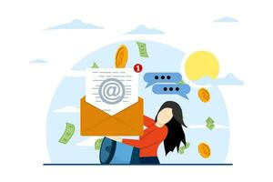 concept van Promotie, e-mail marketing, pr, e-mail campagne. vrouw met afzet e-mail brief. bedrijf tekens zijn bekend gemaakt met luidsprekers. direct marketing. vlak vector illustratie.