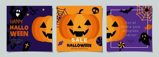 halloween banners set, partij uitnodiging achtergrond met wolken, vleermuizen en pompoenen in vlak ontwerp voor banier, omslag, het drukken en sociaal media na. vector illustratie.