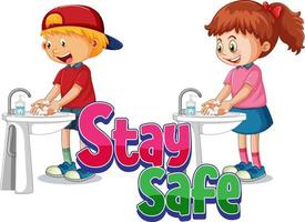 blijf veilig logo met twee kinderen die handen wassen met zeep geïsoleerd vector