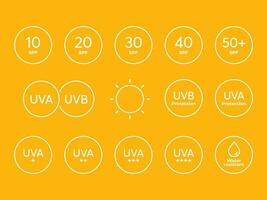 groot spf lijn icoon vector reeks Aan oranje achtergrond. zon bescherming symbolen voor sunblock of zonnescherm producten. verzameling van uv inhoudsopgave voor kunstmatig verpakking