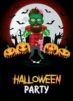 halloween partij spandoek. poster met zombie hipster in de begraafplaats en grappig pompoenen vector