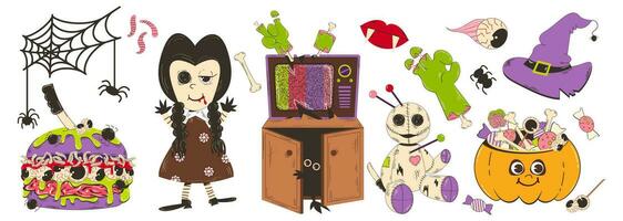 reeks van elementen voor halloween in retro tekenfilm stijl. vector karakter illustratie van pompoen met snoepgoed, voodoo pop, eng pop, zombie hand, snel voedsel, TV en andere elementen.