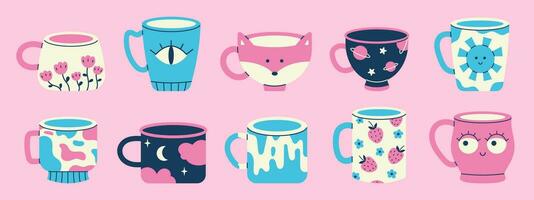 vector reeks van divers cups van thee of koffie. verzameling van modern drinken mokken. modieus keramisch cups met verschillend ornamenten in roze en blauw kleuren.