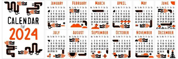 de draak kalender voor 2024. geïsoleerd Aan een wit achtergrond. Hoes en Pagina's voor 12 maanden met seizoensgebonden vlak vector schattig illustraties in zwart en oranje kleuren. helder meetkundig dieren