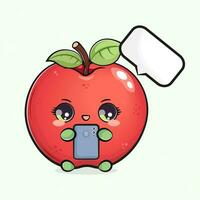rood appel met een smartphone in hand. vector hand- getrokken tekenfilm kawaii karakter illustratie icoon. geïsoleerd Aan licht groen achtergrond. rood appel karakter concept