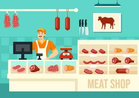 vlees winkel of markt vector illustratie met divers vers vlees producten en worstjes van rundvlees varkensvlees kip in vlak tekenfilm achtergrond ontwerp
