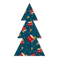 Kerstmis boom met heet chocola kopjes. Kerstmis kaart vector vlak illustratie. vakantie decoratie met mokken, gember koekjes en sneeuwvlokken voor groet ansichtkaart, poster, aanplakbiljet, spandoek.