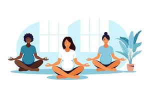 drie zwangere vrouwen die yoga en meditatie beoefenen in de klas. vector