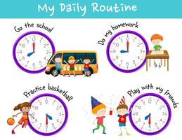 Dagelijkse routine voor kinderen met klok en activiteiten vector
