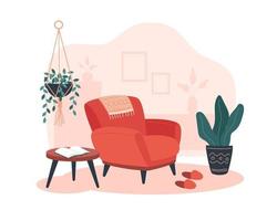gezellig interieur met een fauteuil, een tafel en planten vector