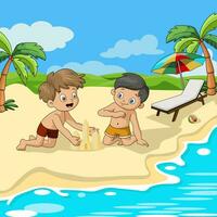 schattig kinderen tekenfilm maken zand kasteel Bij de strand vector