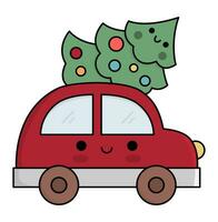 vector gekleurde kawaii auto met Kerstmis boom. schattig winter auto- illustratie geïsoleerd Aan wit achtergrond. nieuw jaar vervoer met versierd Spar boom. grappig tekenfilm vakantie icoon