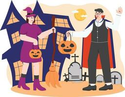 mensen in halloween kostuum draag- pompoen zak illustratie vector