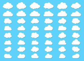 groot reeks van pluizig wolken en met vlak bodem wolk pictogrammen in vlak stijl geïsoleerd Aan blauw achtergrond. wolk vector verzameling.