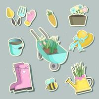 tuinieren thema, hulpmiddelen, planten, accessoires. verzameling van hand- getrokken vector illustraties. elementen voor ontwerp, afdrukken, decor, kaart, sticker, banier