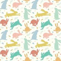 naadloos patroon met konijnen, bloemen, eieren, bladeren en wortel Aan pastel achtergrond. vector illustratie voor Pasen kaarten, banier, textiel, achtergronden.