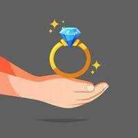 hand- Holding goud ring met blauw diamant geïsoleerd vector