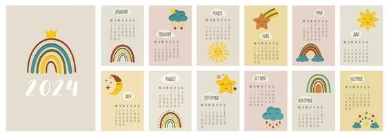 kalender 2024 sjabloon. maandelijks kalender 2024 met schattig regenbogen, sterren, maan. modieus kleuren, tekenfilm stijl. begint Aan maandag. een modern kalender voor kinderen. kinderen schattig kinderkamer stijl. ontwerp sjabloon vector