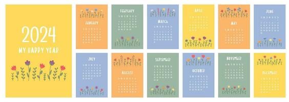 kalender 2024 sjabloon. maandelijks kalender 2024 met schattig bloemen in modieus kleuren, tekenfilm stijl. begint Aan zondag. een modern kalender voor de kantoor, organisator of voor een geschenk. ontwerp sjabloon. vector