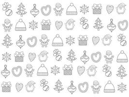 Kerstmis ornamenten reeks met sneeuwvlokken, hoeden, ster, Kerstmis boom, ballen, oranje, sok, geschenk, drinken en slingers. vector