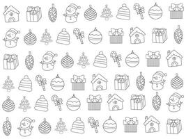 Kerstmis ornamenten reeks met sneeuwvlokken, hoeden, ster, Kerstmis boom, ballen, oranje, sok, geschenk, drinken en slingers. vector