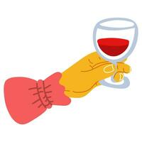 een hand- Holding een glas van rood wijn in een vlak stijl. helder kleuren van de hand- met een glas. een hand- met een glas met een roze mouw. feestelijk vergadering met wijn, drinken, gerinkel bril, proeverij vector