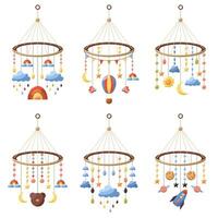 reeks van vector illustratie van baby mobiel, carrousel hanger. roterend hangende medeplichtig voor baby kinderbed. hangende speelgoed- met sterren, wolken, halve maan, regenboog, druppels, zon, beer, raket, planeten, vlinders.