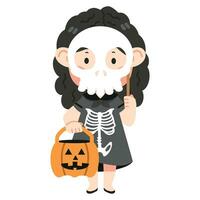 schattig kind meisje halloween vervelend skelet kostuum en schedel masker vector