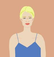 vector portret van de mooi blond vrouw in blauw jurk Aan beige achtergrond. blond vrouw portret.