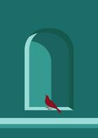 esthetisch groen decoratie met zittend vogel in venster illustratie. minimalistische boho kunst afdrukken. vector