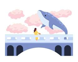 vliegend walvis bovenstaand brug met vrouw 2d illustratie concept. fee verhaal fantasie dier geïsoleerd tekenfilm karakter, wit achtergrond. gebochelde walvis in wolken lucht metafoor abstract vlak vector grafisch