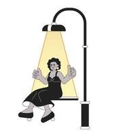 zwart vrouw schommel lamp post zwart en wit 2d illustratie concept. Afrikaanse Amerikaans dame swinging onder straat licht geïsoleerd tekenfilm schets karakter. magie nacht metafoor monochroom vector kunst