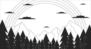 vredig regenboog in bergen zwart en wit tekenfilm vlak illustratie. Woud rotsachtig 2d lineair landschap achtergrond. wijnoogst hippie berglandschap. groovy retro monochroom tafereel vector schets beeld