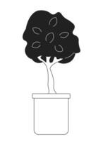 decoratief boom in pot zwart en wit 2d tekenfilm voorwerp. groeit kamerplant in bloempot geïsoleerd vector schets item. binnen- fabriek ingemaakt. dwerg boom miniatuur monochromatisch vlak plek illustratie