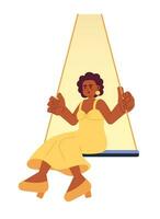 mooi Afrikaanse Amerikaans vrouw swinging 2d tekenfilm karakter. zwart dame zittend Aan hangende schommel geïsoleerd vector persoon wit achtergrond. vrije tijd werkzaamheid kleur vlak plek illustratie