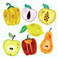 fruit en groenten geïsoleerd Aan wit. reeks van vers vegetarisch voedsel. heerlijk zoet tussendoortje toetje in kleurrijk tekenfilm stijl. appel, peper, Peer, abrikoos, perzik en citroen. vector
