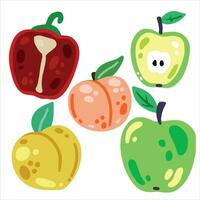 fruit en groenten geïsoleerd Aan wit. reeks van vers vegetarisch voedsel. heerlijk zoet tussendoortje toetje in kleurrijk tekenfilm stijl. appel, peper, Peer, abrikoos, perzik. vector