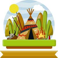 Indiase wigwam. inheems Amerikaans huis. nationale hut gemaakt van huiden met patroon. aard van het landschap. speren zijn wapens, vuur en de schedel van een dier. lint voor tekst vector