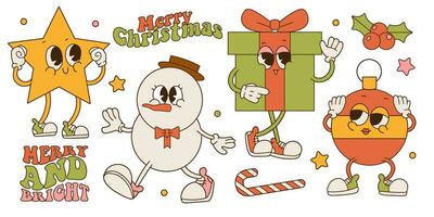 vrolijk Kerstmis Jaren 60 retro verzameling van tekenfilm karakters. sneeuwman, geschenk doos , ster, Kerstmis boom speelgoed- bal mascottes set. Jaren 50 -jaren 70 oud animatie stijl. wijnoogst vector illustratie.