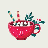 Kerstmis heet drinken met marshmallows en buizen in een rood kop vector