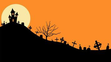 halloween kasteel vlak ontwerp vector illustratie. halloween banier met silhouet van eng kasteel Aan oranje achtergrond met vol maan. illustratie voor vakantie kaarten, uitnodigingen, banners